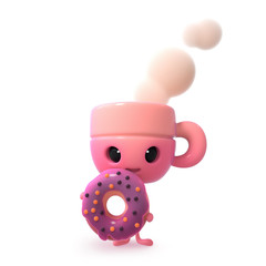 3d digital illustration of cartoon cute cup hugs purple donut with hands isolated on white background. Coffee cup character with a smiling face. Kawaii meal. Cute funny red cup with steam and big eyes