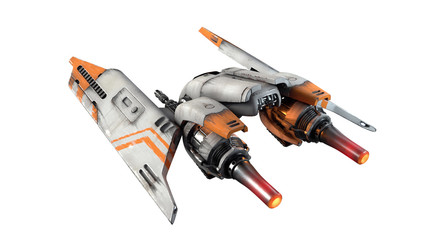 3d illustration of old scratched metal spaceship isolated on white background. Sci-fi white orange vehicle for space wars. Single pilot spaceship. Assault fighter, gunship. Back view of the turbine. © roman3d