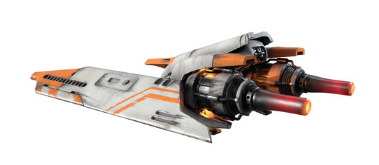 3d illustration of old scratched metal spaceship isolated on white background. Sci-fi white orange vehicle for space wars. Single pilot spaceship. Assault fighter, gunship. Side view of the turbine. © roman3d