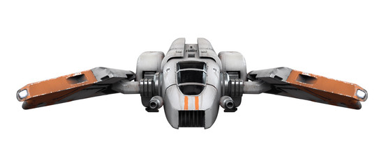 3d illustration of old scratched metal spaceship isolated on white background. Science fiction white orange vehicle for space wars. Single pilot spaceship. Concept assault fighter, gunship. Front view © roman3d