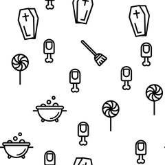 Halloween Seamless Pattern Vector Thin Line Contour Illustrations