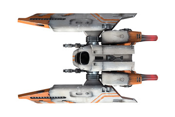 3d illustration of old scratched metal spaceship isolated on white background. Science fiction white orange vehicle for space wars. Single pilot spaceship. Concept assault fighter, gunship. Top view. © roman3d