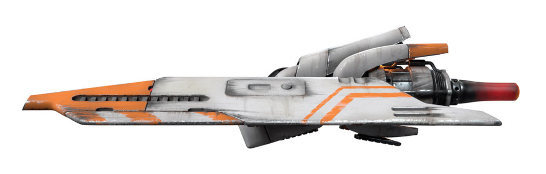 3d illustration of old scratched metal spaceship isolated on white background. Science fiction white orange vehicle for space wars. Single pilot spaceship. Concept assault fighter, gunship. Side view.