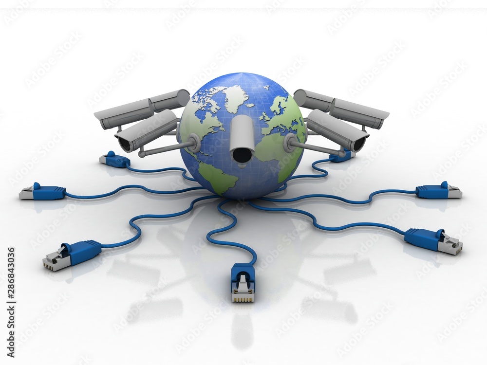 Poster 3d rendering surveillance cctv security camera connected globe around connection rj45