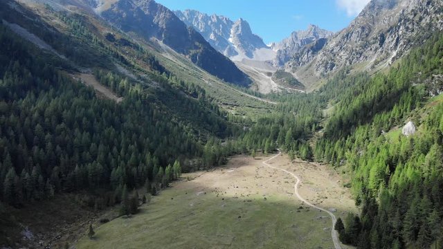 Swiss mountain aerial shot. Camera ascending slowly - revealing a hiking trail