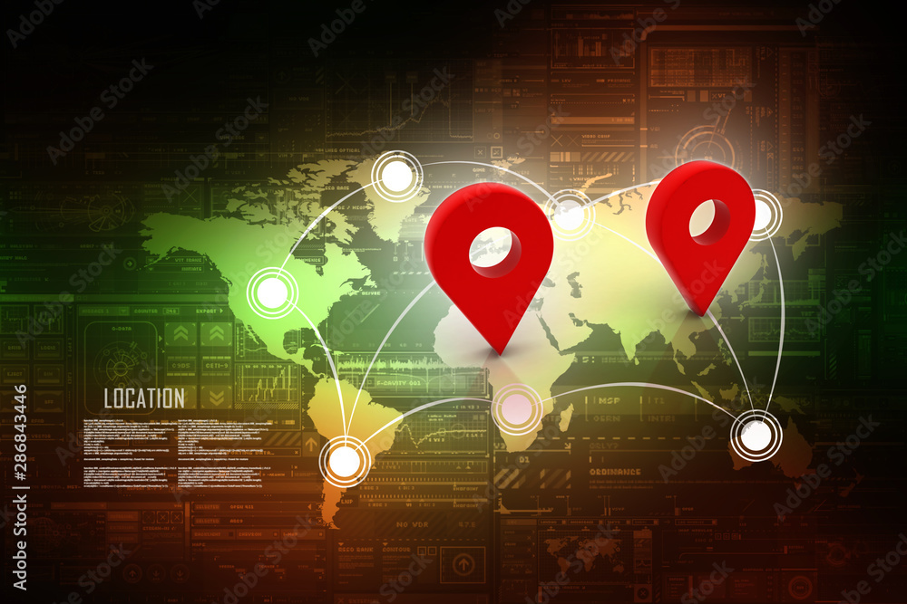 Fototapete 3d rendering red map pointer with world map