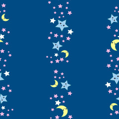 Fototapeta na wymiar Vertical Seamless Pattern Of Cartoon Style Constellation Of Stars And Moon In Dark Blue Background. Seamless Sky.