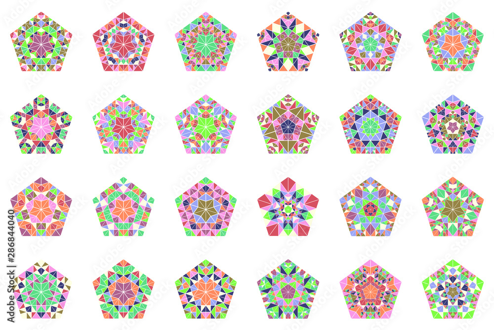 Poster Isolated tiled ornament pentagon symbol template set - abstract geometrical ornamental polygonal vector graphics from mosaic triangles