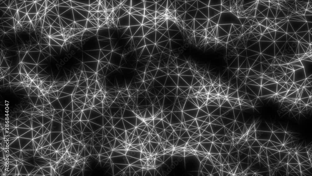 Poster animation of mesh pattern. virtual space with depth of field, glow sparkles and digital elements.
