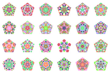 Isolated tiled ornament pentagon symbol template set - abstract geometrical ornamental polygonal vector graphics from mosaic triangles