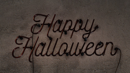 Turned off neon sign that says the word Happy Halloween on a grunge concrete wall background.