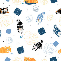 Kittens play with a mouse. Simple childish design seamless pattern. Hand-drawn illustration.