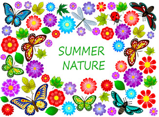 Frame for text, butterflies, flowers, leaves on a white background 2
