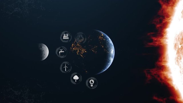 Earth Moon Sun Green Energy Planet Concept White Icons Background Sun Right Side