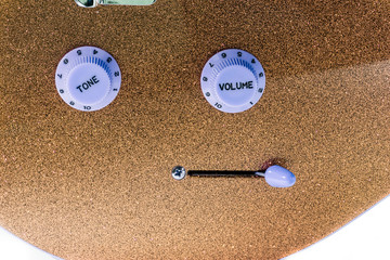 Party music. Volume and tone controls. Gold glam rock electric guitar