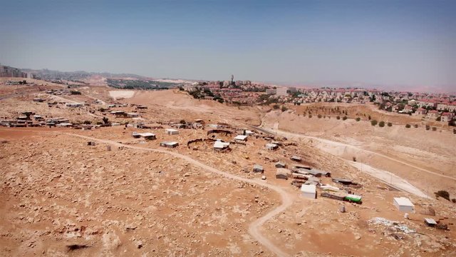 Bedouin Camp outpost Aerial view Drone footage over Bedouin outpost Close to Israeli City Maale Adumim Aerial