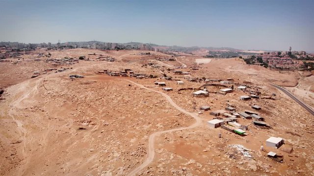 Bedouin Camp outpost Aerial view Drone footage over Bedouin outpost Close to Israeli City Maale Adumim Aerial