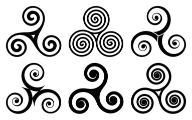 Black celtic triskels vector set. Irish, breton and scottish traditonal symbols, triple spirals isolated on white background
