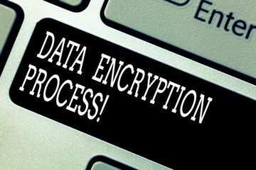 Text sign showing Data Encryption Process. Conceptual photo The method of translating data into another form Keyboard key Intention to create computer message pressing keypad idea