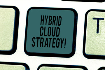 Conceptual hand writing showing Hybrid Cloud Strategy. Business photo text Cloud computing setting that uses a mix of onpremises Keyboard key Intention to create computer message idea