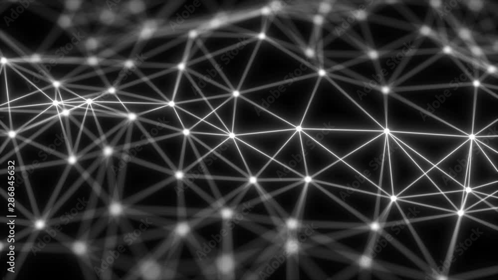 Poster pulsating digital nodes and connections of network. abstract black and white low poly waving backgro