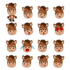Big set of heads with expressions of emotions of funny horse in cartoon style isolated on white background