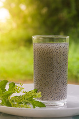 Basil seeds in a glass.