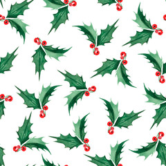 Watercolor Christmas seamless pattern whith Holly. Abstract background. Perfect for fabrics, packing, textiles and covers.