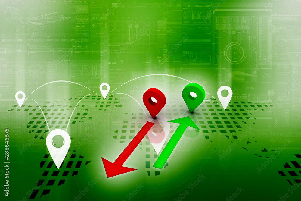 Fototapete 3d rendering red map pointer with world map