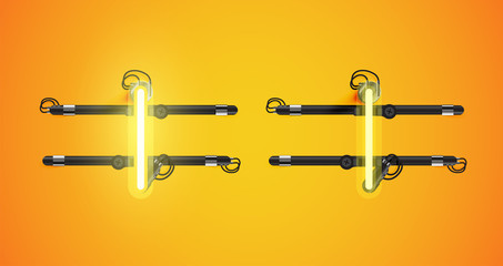 Realistic glowing yellow neon charcter on and off