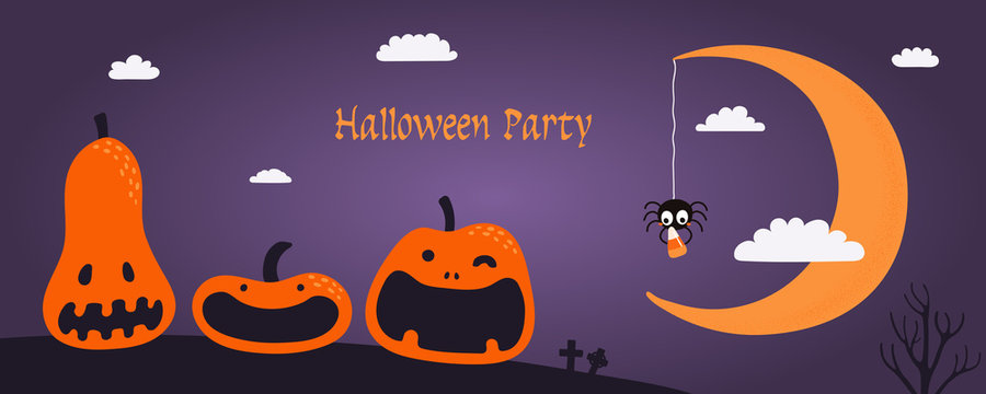 Banner, party invitation, background design with night sky, crescent moon, funny pumpkins, spider holding candy, text Halloween Party. Hand drawn vector illustration. Holiday decor concept. Flat style