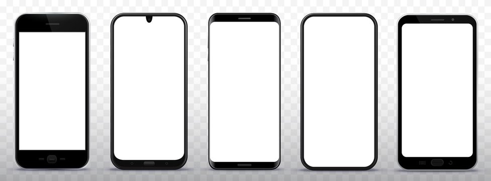Black Smart Phones Vector Illustration Set on Transparent Background 