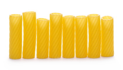 Pasta tubes, tortiglioni or elicoidali isolated on white background