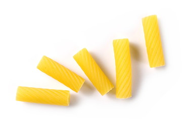 Pasta tubes, tortiglioni or elicoidali isolated on white background, top view