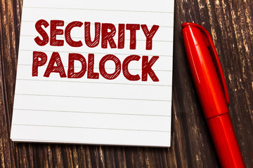 Conceptual hand writing showing Security Padlock. Business photo showcasing hardened steel body and double locking shackle of extra one.
