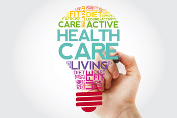 Health care bulb word cloud collage with marker, health concept background