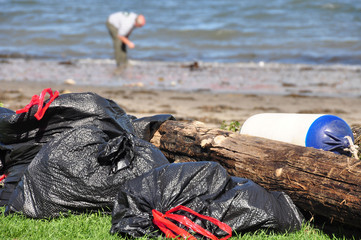 Bags of Trash from the Shoreline Await Pickup