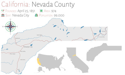 Large and detailed map of Nevada county in California, USA