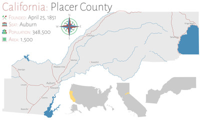 Obraz premium Large and detailed map of Placer county in California, USA