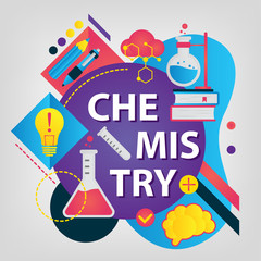 Chemistry. Back to school concept. Set of School supplies. Linear style web banner