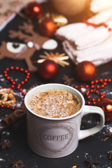 Closeup of a Cup of coffee or cocoa on Christmas background
