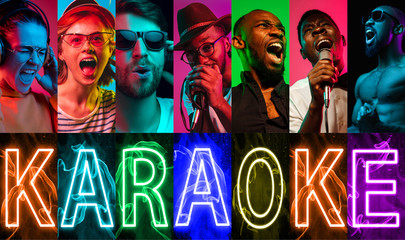 African-american and caucasian jazz musicians singing a song on gradient colorful background....