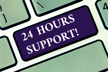 Conceptual hand writing showing 24 Hours Support. Business photo text services require running without disruption and downtime Keyboard key Intention to create computer message idea