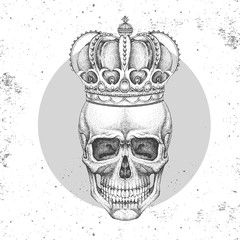 Hand drawing hipster skull with crown on grunge background. Hipster fashion style