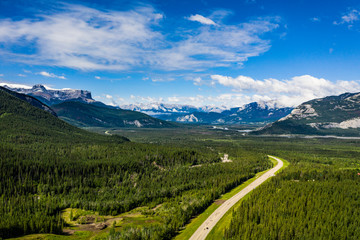 Aerial view of landscape leading into Jasper National Park in Alberta, Canada