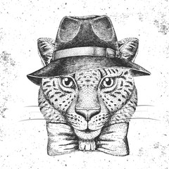 Hipster animal cheetah with hat. Hand drawing Muzzle of cheetah