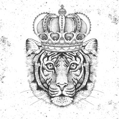 Hipster animal tiger in crown. Hand drawing Muzzle of tiger