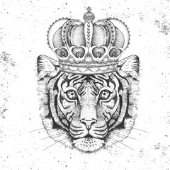 Fototapeta premium Hipster animal tiger in crown. Hand drawing Muzzle of tiger