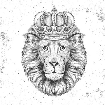 Hipster animal lion in crown. Hand drawing Muzzle of lion