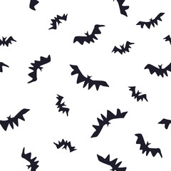 Cartoon halloween bats seamless background. Different shapes and sizes bats isolated on white background. Hand drawn various bats illustration.